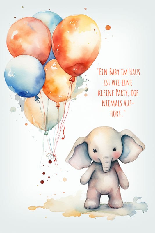 Moderner Spruch zur Geburt mit lustigem Wasserfarbenen Elefant als Geburtskarte