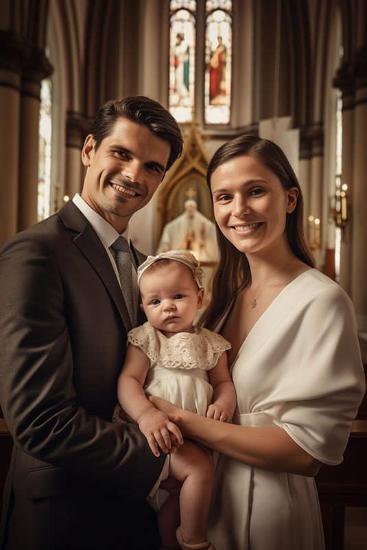 Familie in Kirche Taufe von Kind